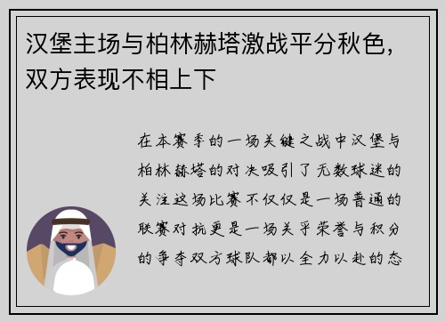 汉堡主场与柏林赫塔激战平分秋色，双方表现不相上下